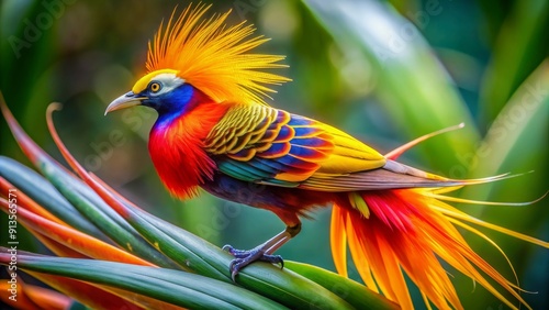 Exotic and vibrant bird of paradise displaying its colorful plumage , tropical, beauty, nature, vibrant, colorful, bird, paradise