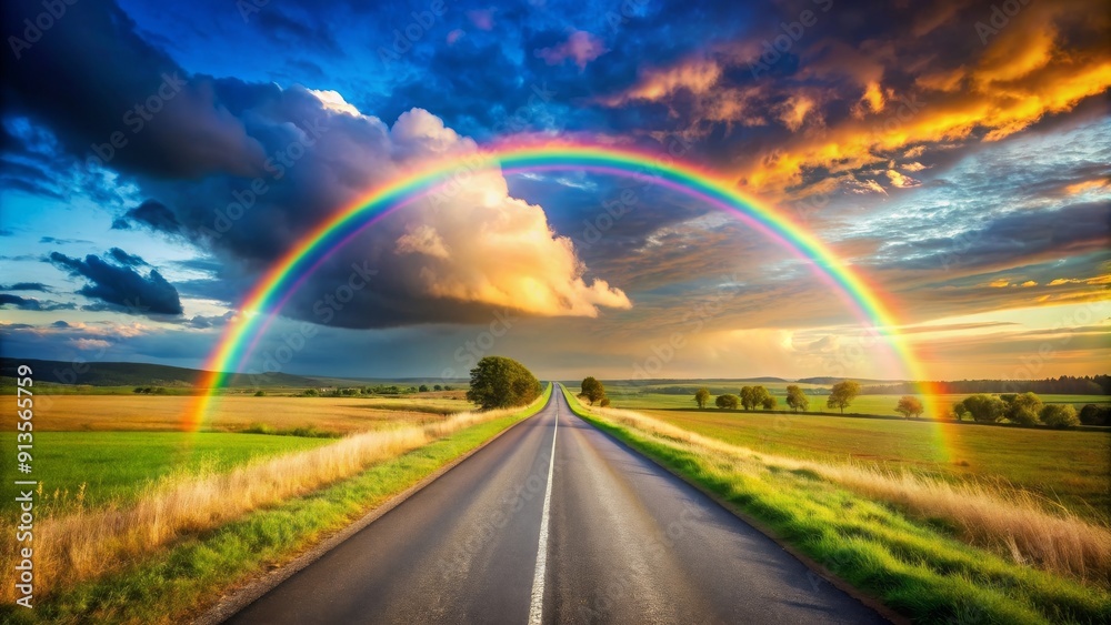 Country road with a vibrant rainbow stretching across the sky , nature, landscape, rural, journey, colorful, scenic