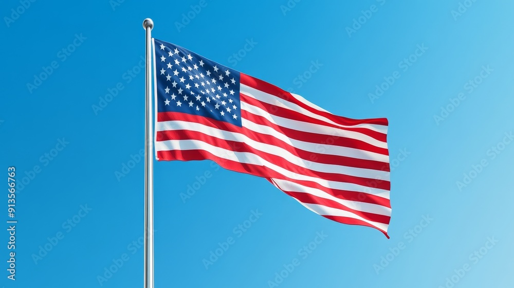 United States flag fluttering in the wind, intricate weave texture, precise shadowing, emphasizing movement, blue sky background, natural lighting United States flag fluttering in the wind, intricate weave texture, precise shadowing, emphasizing movement, blue sky background, natural lighting