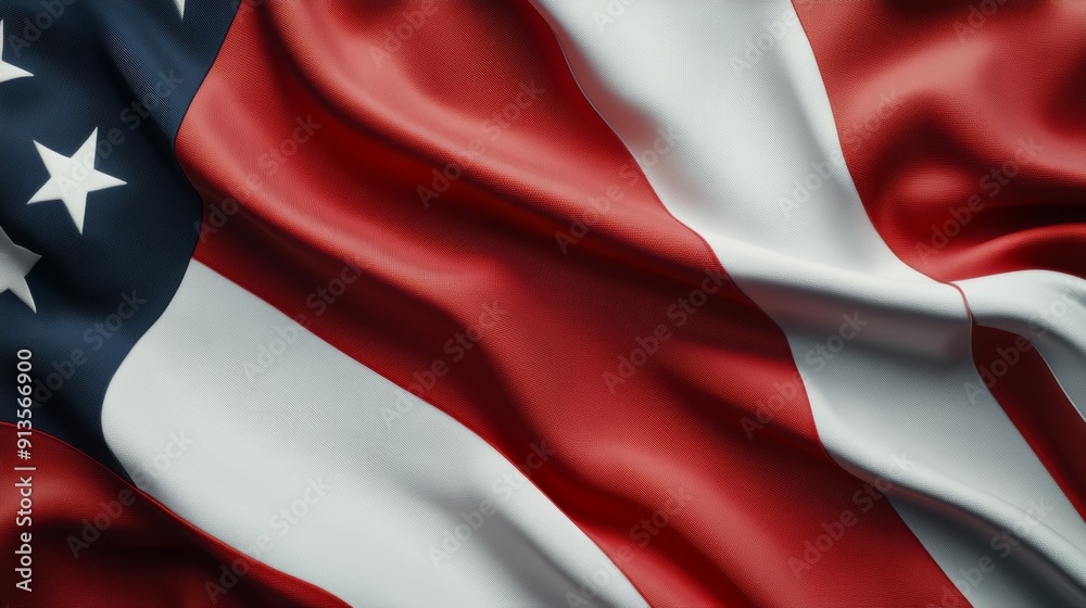 Waving American flag, bold red, white, and blue, clearly visible stars, dark blue field, full texture and depth in wave motion Waving American flag, bold red, white, and blue, clearly visible stars, dark blue field, full texture and depth in wave motion