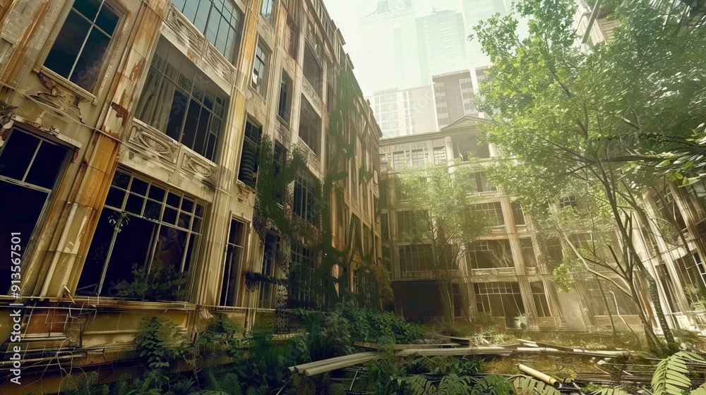 high-rise buildings overgrown with trees and vines