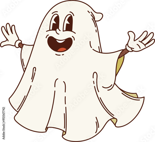 Retro groovy Halloween ghost character. Isolated cartoon vector mischievous and grinning spook or phantom personage floats with wide smile and raised hands. Funky spectral form celebrate spooky night