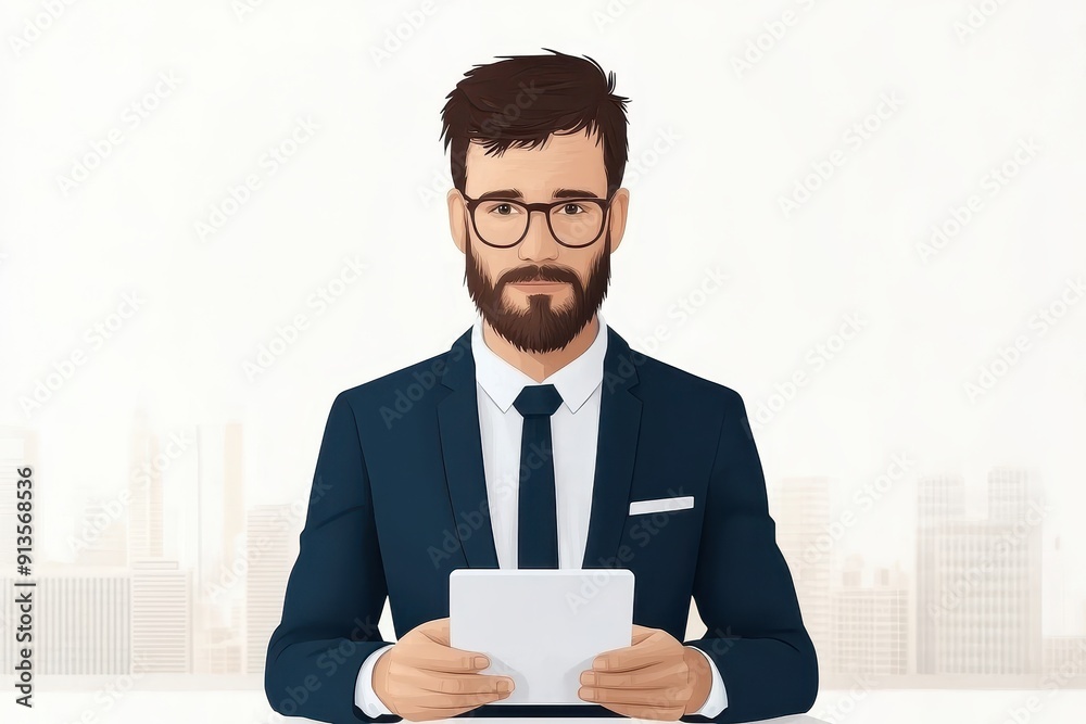 Stylish businessman with glasses holds a tablet, showcasing modern digital lifestyle and professionalism in a corporate setting. Stylish businessman with glasses holds a tablet, showcasing modern digital lifestyle and professionalism in a corporate setting.