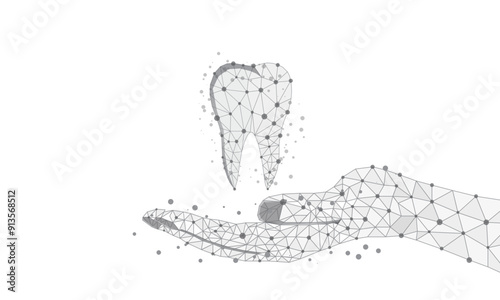 Tooth care.Abstract wireframe low poly Dentist holding a tooth.
Futuristic Human Healthy teeth Dental care, dental clinic, teeth protection or treatment concept. isolate on a dark blue background.
