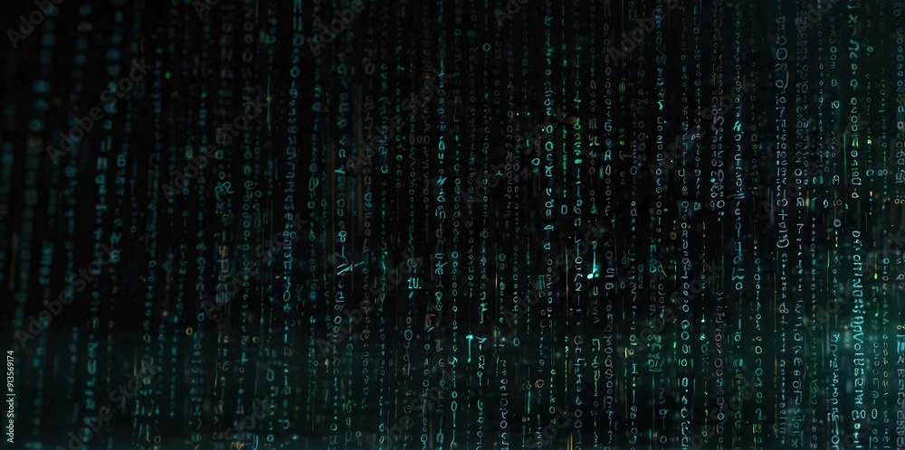 Digital binary code data streaming on a dark, greenish abstract background, reflecting the concept of technology Digital binary code data streaming on a dark, greenish abstract background, reflecting the concept of technology