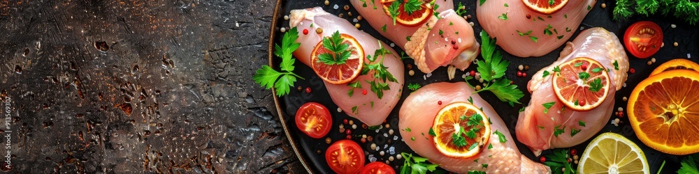 Top view of raw chicken meat fillet thigh and legs ideal for website banners Top view of raw chicken meat fillet thigh and legs ideal for website banners
