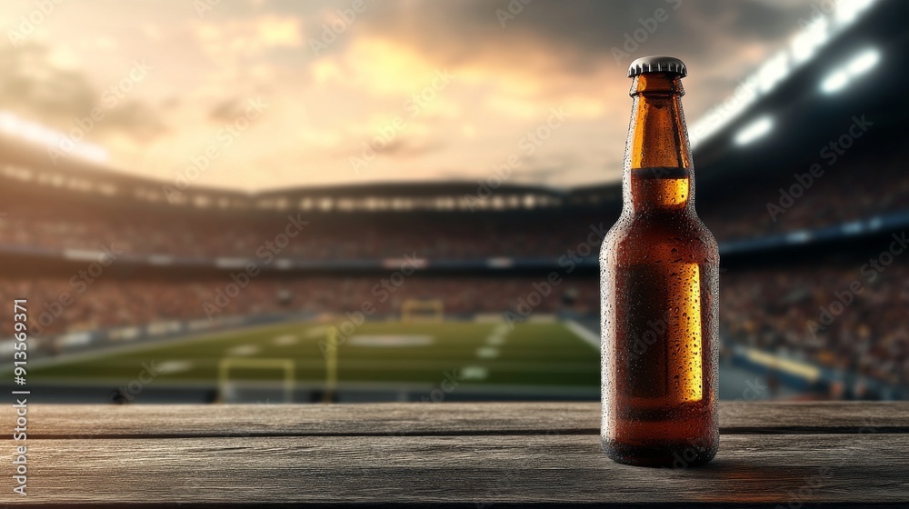 Chilled Beer Bottle in Focus with Blurred Football Stadium Background at Sunset Chilled Beer Bottle in Focus with Blurred Football Stadium Background at Sunset