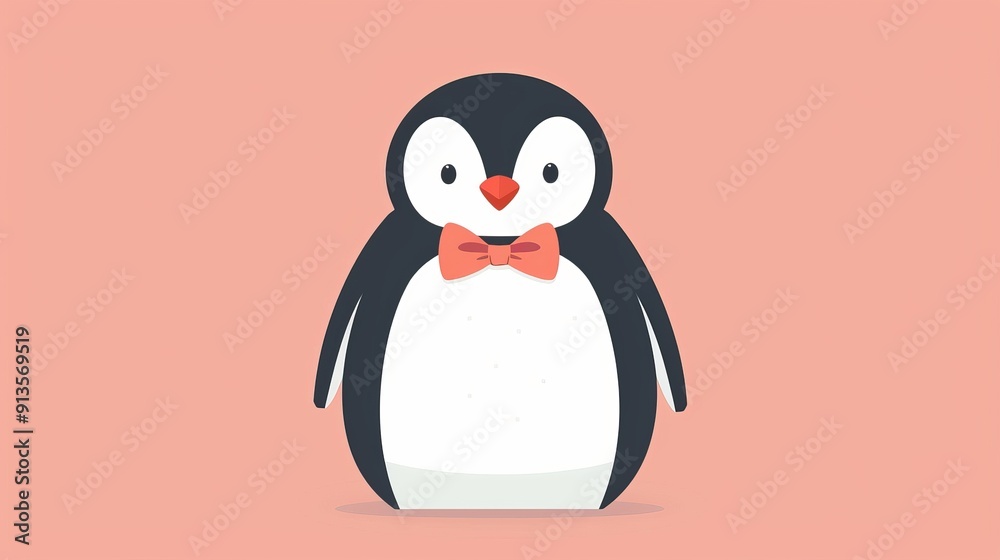 Obraz premium A penguin with a bow tie, minimalist design, clean lines, basic shapes, plain background, 2D vector style