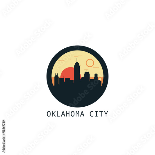 Oklahoma City skyline, downtown panorama logo, logotype. USA state round badge contour, isolated vector vintage pictogram with monuments, landmarks