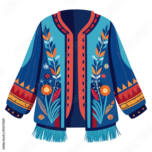 Flowing jacket with patterns along navy blue the sleeves and hem bohemian art vector illustration