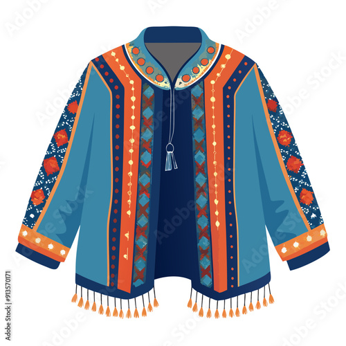 Flowing jacket with patterns along navy blue the sleeves and hem bohemian art vector illustration