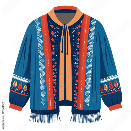 Flowing jacket with patterns along navy blue the sleeves and hem bohemian art vector illustration