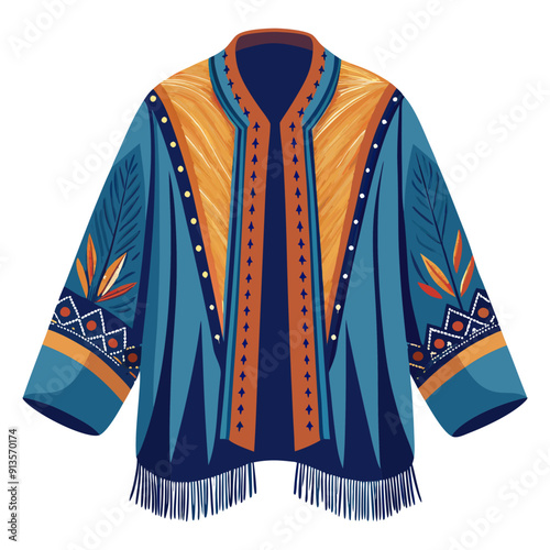 Flowing jacket with patterns along navy blue the sleeves and hem bohemian art vector illustration