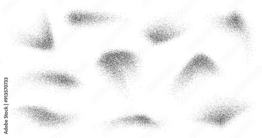Grain paint spray noise or dust brush and black sand particles, vector abstract shape effects. Paint airbrush wavy sprays in graffiti ink style with grain noise texture of black dots and grainy dust