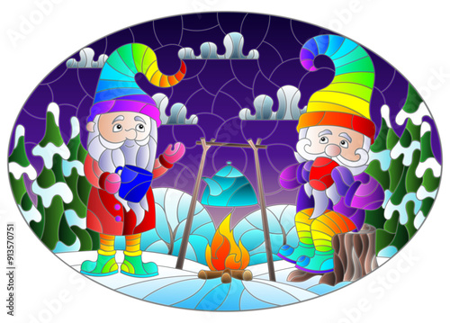 An illustration in the style of a stained glass window with gnomes around a campfire on the background of a winter landscape