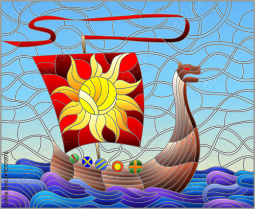 An illustration in the style of a stained glass window with an ancient Viking boat on the background of the ocean and sky
