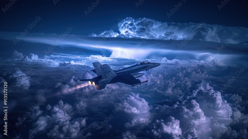 A fighter jet flies through a violent storm, with lightning lighting up the dark sky and casting dramatic shadows on the clouds. A fighter jet flies through a violent storm, with lightning lighting up the dark sky and casting dramatic shadows on the clouds.