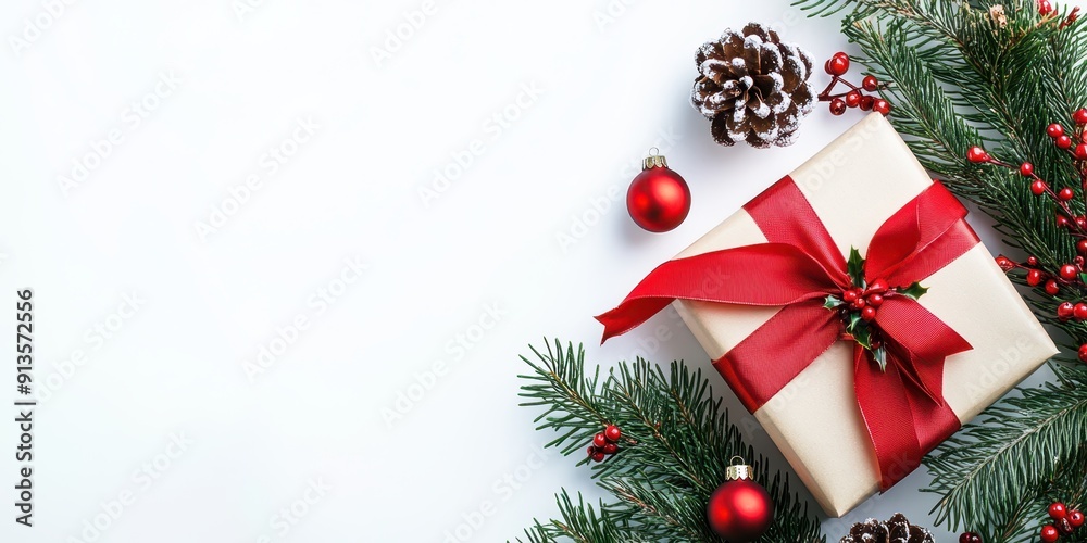 Christmas gift with red ribbon and pine branches, pinecones, and red ornaments on a white background, creating a festive and elegant holiday presentation. Christmas gift with red ribbon and pine branches, pinecones, and red ornaments on a white background, creating a festive and elegant holiday presentation.