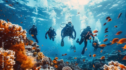 A group of divers exploring a coral reef, showcasing underwater adventure and marine tourism. photo
