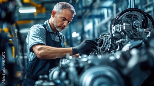 engine engineer meticulously inspecting car engine components on the production line in a modern factory setting,generative ai