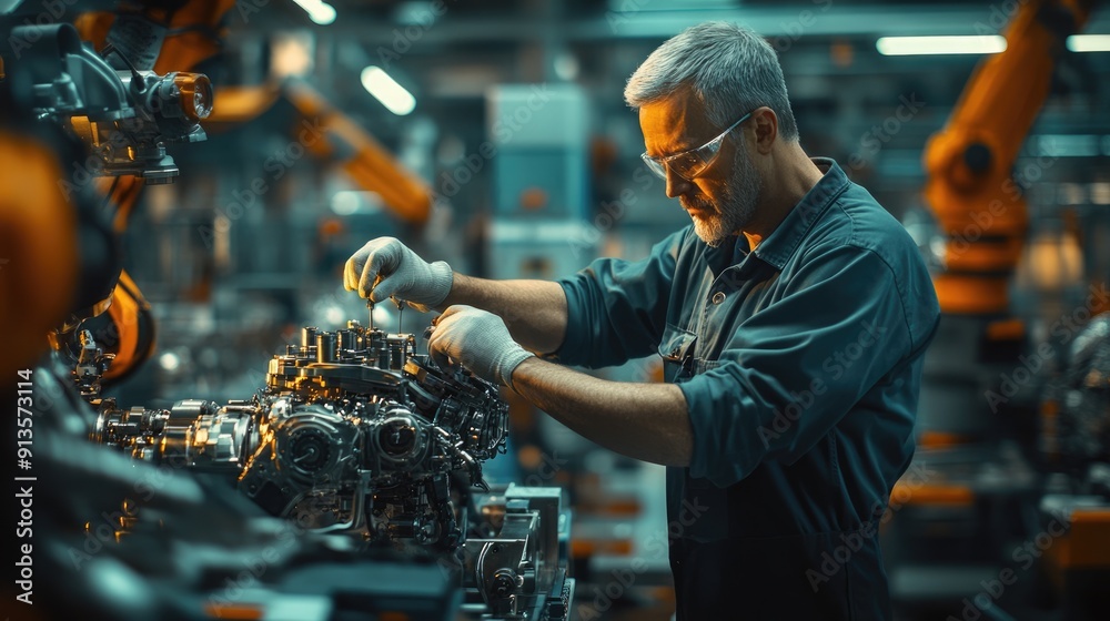 engineer specializing in automotive engines performing meticulous quality inspections in a bustling factory environment,generative ai engineer specializing in automotive engines performing meticulous quality inspections in a bustling factory environment,generative ai