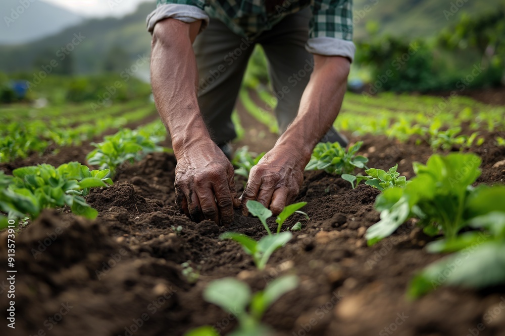 Close-up of farmer's hands tending to young plants in a field. Close-up of farmer's hands tending to young plants in a field.
