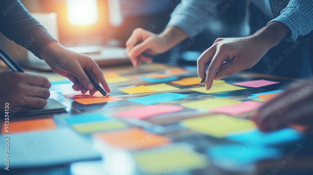Team hands working with sticky notes on the table, creative meeting concept, blurred background. AI Generative Team hands working with sticky notes on the table, creative meeting concept, blurred background. AI Generative