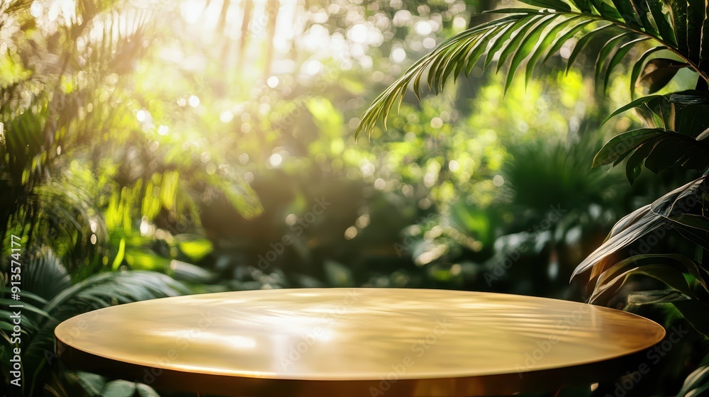 Fototapeta premium Round golden table in a botanical garden, blurred exotic plants background, luxurious tranquility