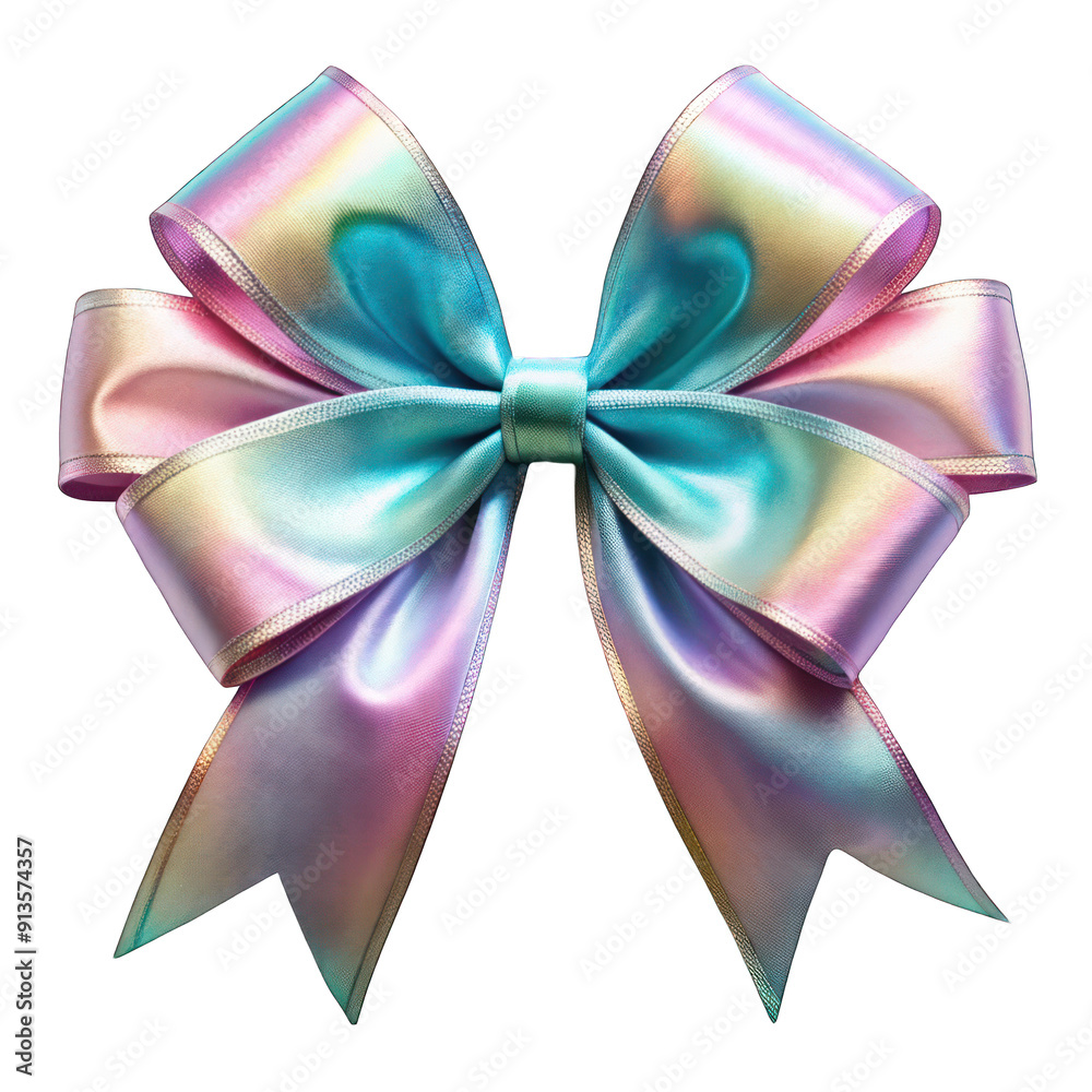 Wide iridescent silk ribbon with bow top view on transparent background Wide iridescent silk ribbon with bow top view on transparent background