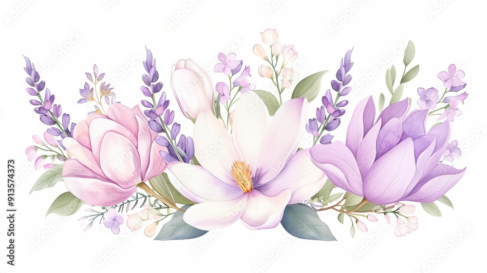 Fototapeta premium Magnolia and lavender bouquet, garden arrangement element, watercolor illustration, pastel colors, isolated on white background