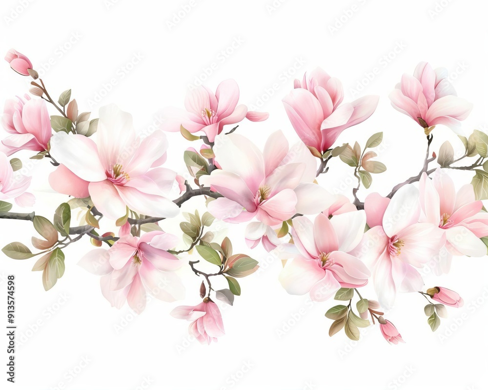 Naklejka premium Magnolia blossom garden mural, artistic garden element, detailed illustration, colorful, isolated on white background