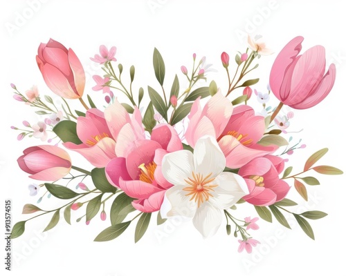 Magnolia and tulip bouquet, spring garden arrangement, handdrawn, bright colors, isolated on white background