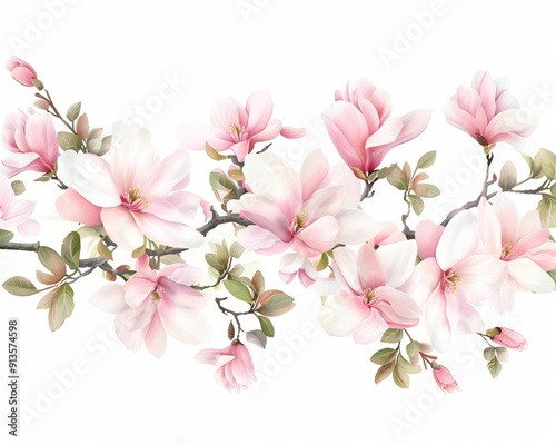 Magnolia blossom garden mural, artistic garden element, detailed illustration, colorful, isolated on white background