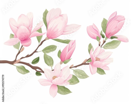 Magnolia branch centerpiece, garden decor element, detailed illustration, vibrant colors, isolated on white background