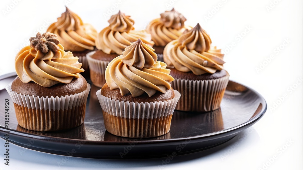 Delicious homemade cupcakes with brown icing and shell decorations on a black plate isolated on white background Delicious homemade cupcakes with brown icing and shell decorations on a black plate isolated on white background