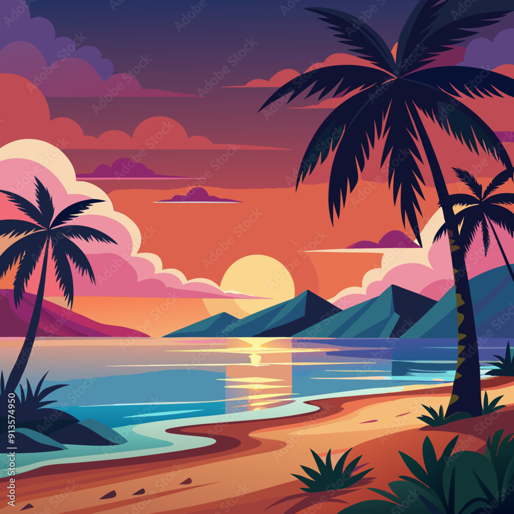 Fototapeta premium A serene beach at sunset art vector illustration