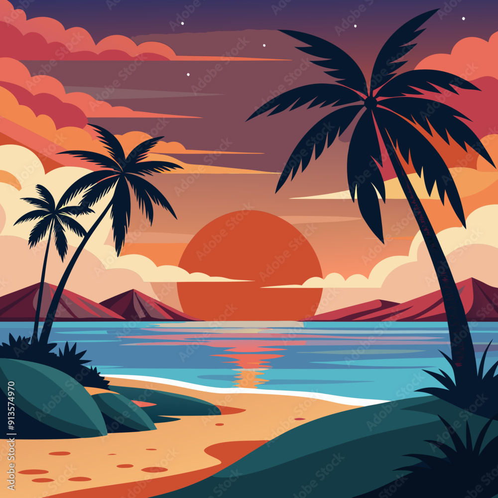 Obraz premium A serene beach at sunset art vector illustration