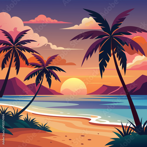 A serene beach at sunset art vector illustration