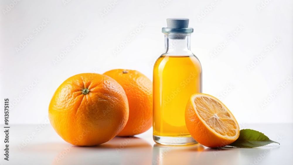 Bright orange and a bottle of oil on a white background, orange, bottle, oil, citrus, kitchen, cooking, essential, health