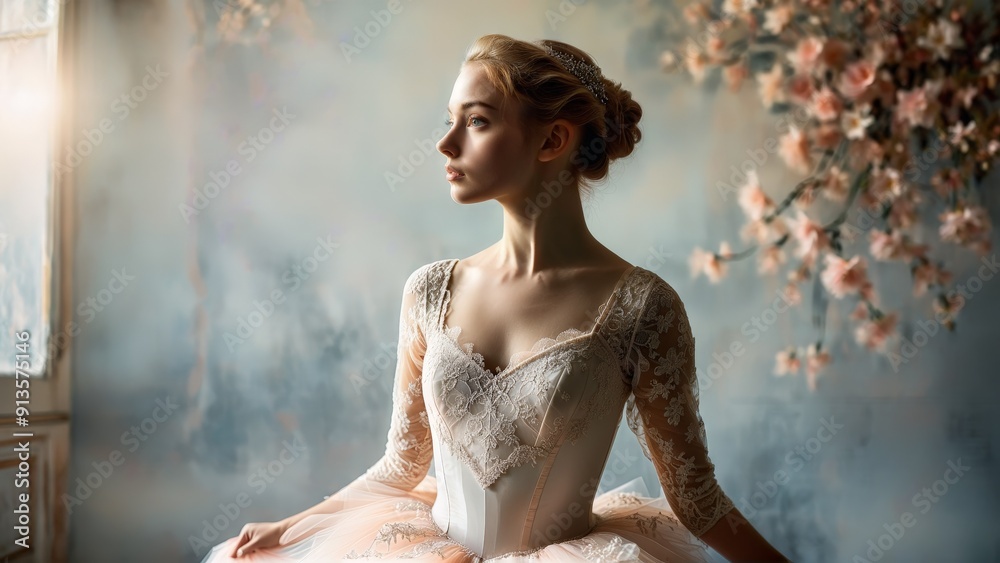 Graceful ballerina model in lace bodysuit poised en pointe soft tulle skirt ballet themed artistic Graceful ballerina model in lace bodysuit poised en pointe soft tulle skirt ballet themed artistic