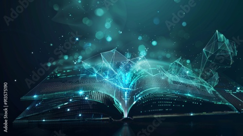 Futuristic digital technology open book with polygonal glowing lines dark background. 