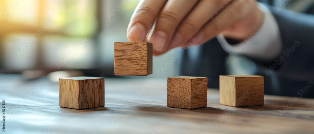 Businessman Placing Wooden Blocks on a Table in a Close-Up Businessman Placing Wooden Blocks on a Table in a Close-Up