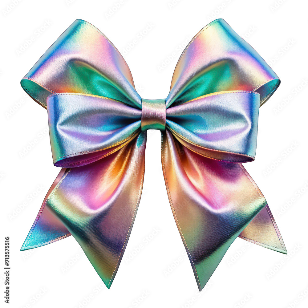 Wide iridescent silk ribbon with bow top view on transparent background