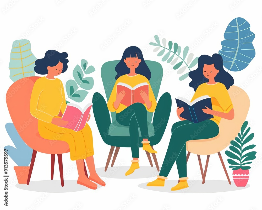 Virtual book club, discussing international literature, flat design illustration Virtual book club, discussing international literature, flat design illustration
