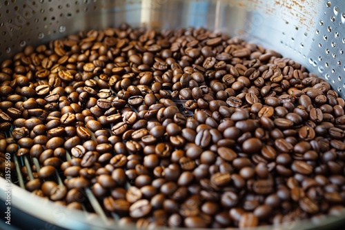 Close-up of roasted coffee beans in industrial roaster