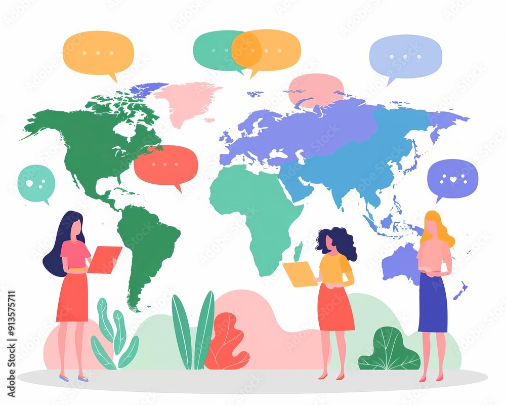 Virtual cultural exchange, global community connection, flat design illustration Virtual cultural exchange, global community connection, flat design illustration