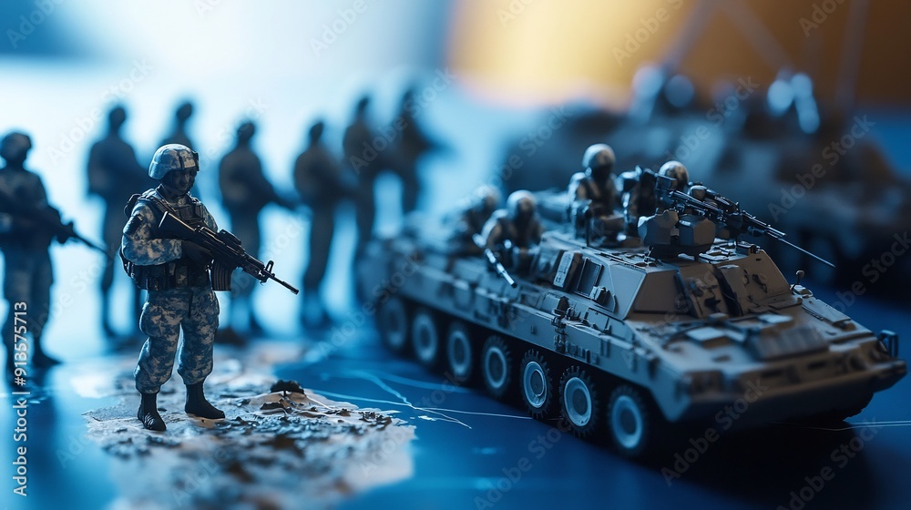 Military Toy Figures and Armored Vehicle on a Map Military Toy Figures and Armored Vehicle on a Map