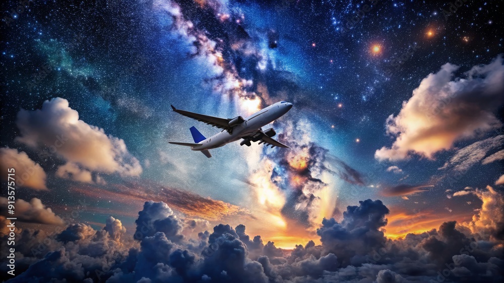 Wide angle shot of airplane flying through starry night sky with clouds, airplane, night, stars, clouds, flying Wide angle shot of airplane flying through starry night sky with clouds, airplane, night, stars, clouds, flying