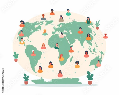 Virtual cultural exchange, global community connection, flat design illustration