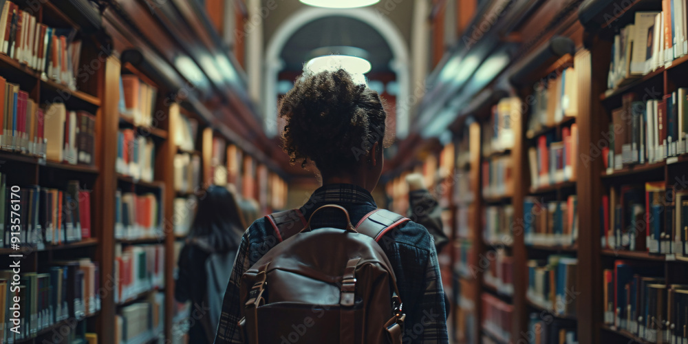 A student with a backpack walks through a library aisle surrounded by bookshelves full of books. A student with a backpack walks through a library aisle surrounded by bookshelves full of books.
